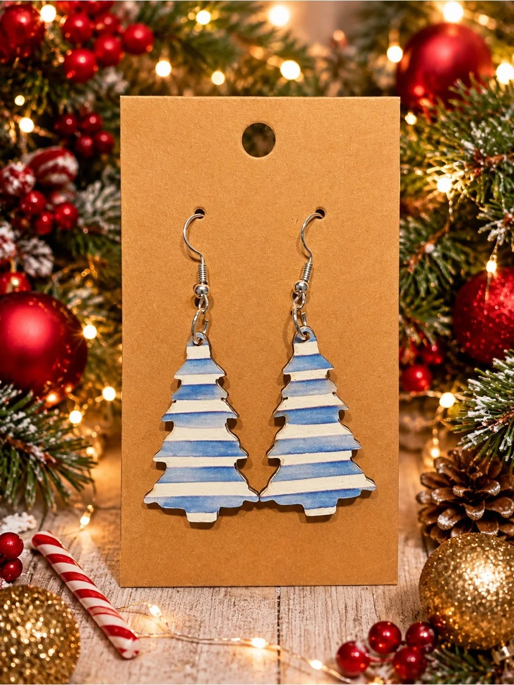 *Buy Now* Blue Striped Christmas Tree Wooden Earrings